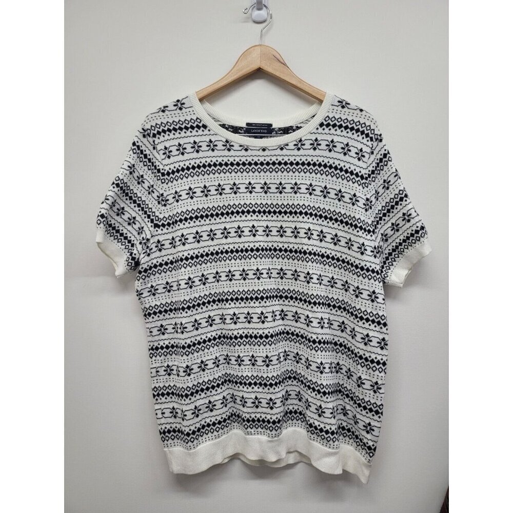 Lands' End Womens Short Sleeve 1X 16/18 Fair Isle Top Black White Supima Cotton